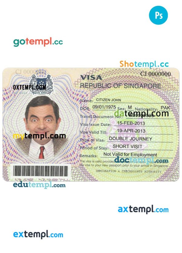 Singapore travel visa PSD template, fully editable