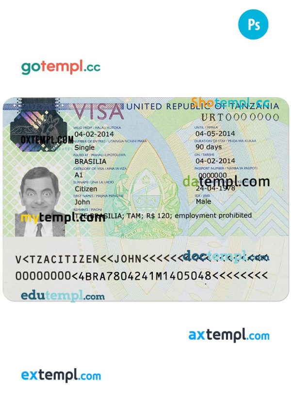 Tanzania travel visa PSD template, fully editable