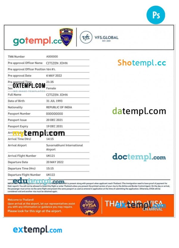 THAILAND electronic travel visa PSD template, with fonts