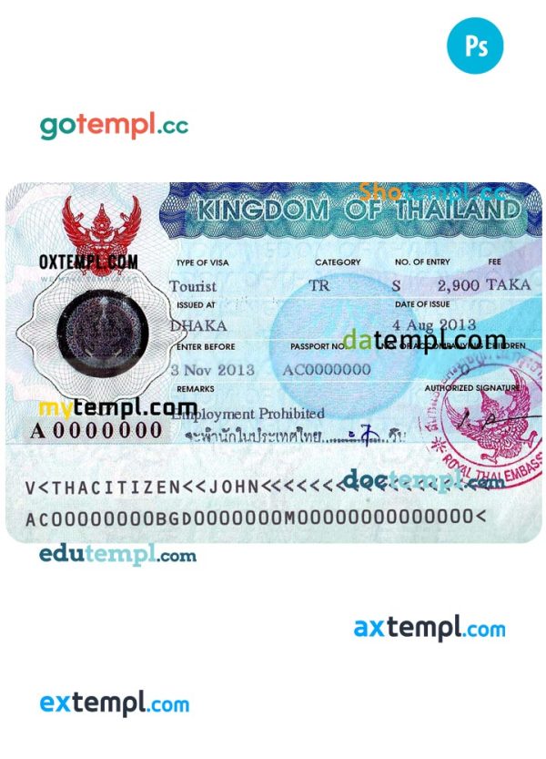 Thailand entry tourist visa PSD template, completely editable, with fonts