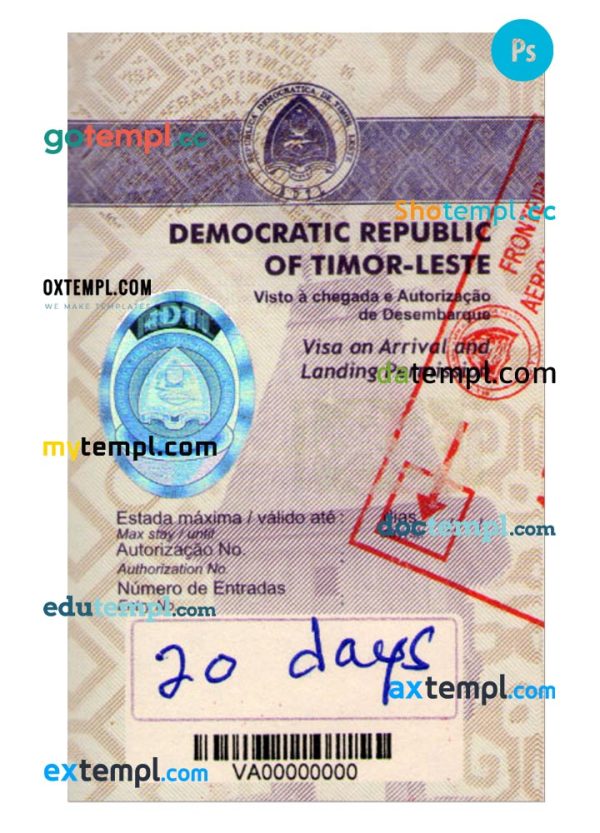 Timor-Leste travel visa PSD template, fully editable