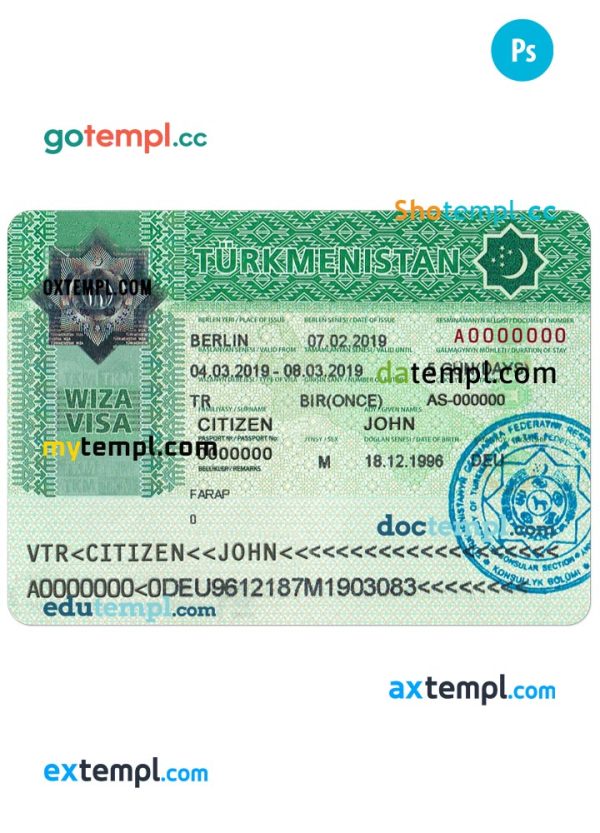 Turkmenistan entry tourist visa PSD template, completely editable, with fonts