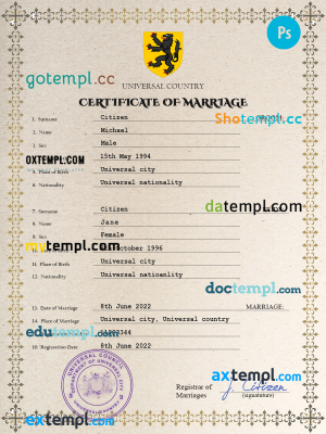 # charm universal marriage certificate PSD template, fully editable