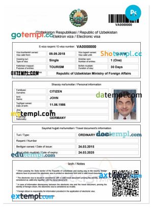 UZBEKISTAN electronic travel visa PSD template, with fonts
