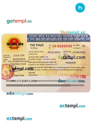 VIETNAM entry visa PSD template, fully editable