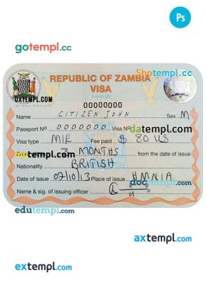 ZAMBIA entry visa PSD template, fully editable