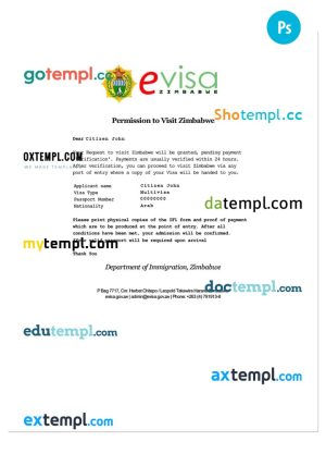 ZIMBABWE electronic travel visa PSD template, with fonts
