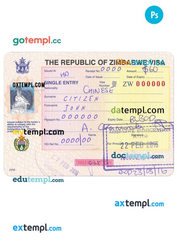 Zimbabwe entry visa PSD template, completely editable, with fonts