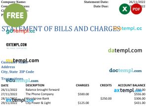 bank statement of bills and charges, Excel & PDF formats