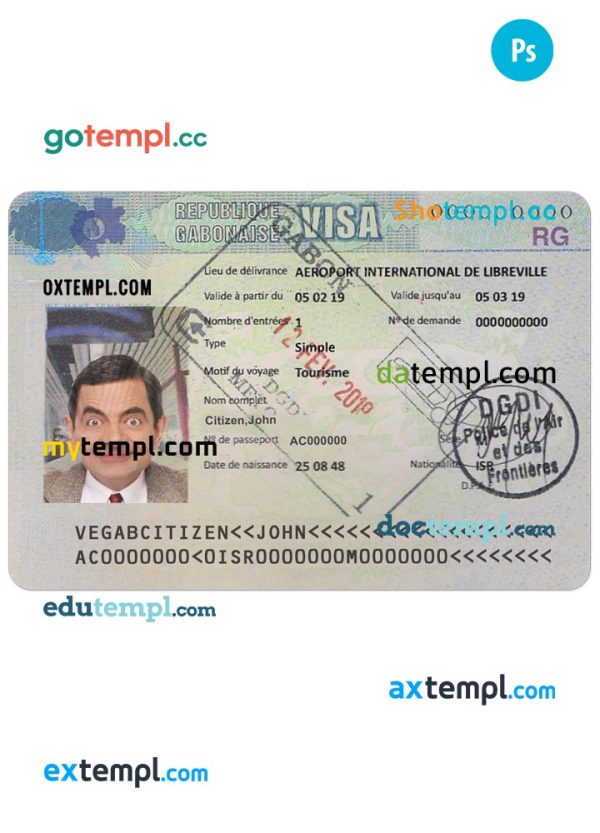 Gabonaise travel visa PSD template, fully editable
