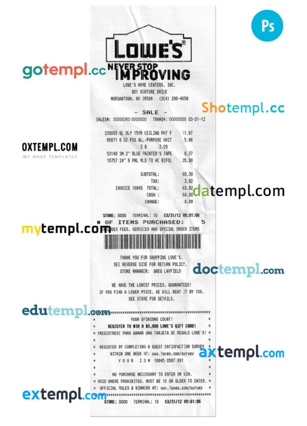 Lowe's payment receipt PSD template