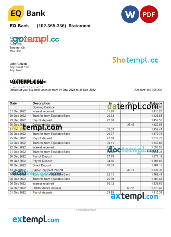 USA Ontario EQ bank statement Word and PDF template