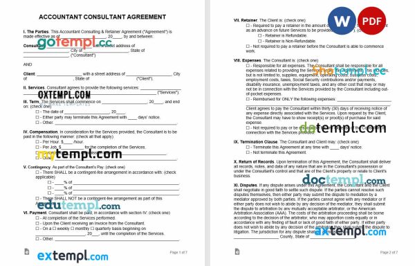 accountant consultant service agreement template, Word and PDF format