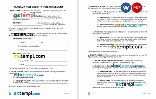 alabama non-solicitation agreement template, Word and PDF format