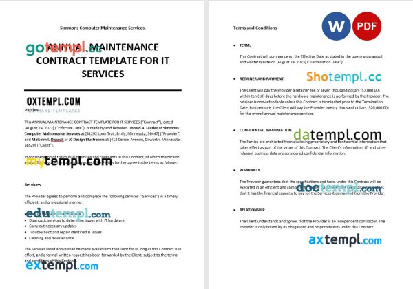 annual maintenance contract template for IT services, Word and PDF format
