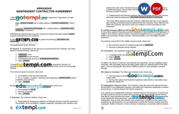 arkansas independent contractor agreement template, Word and PDF format