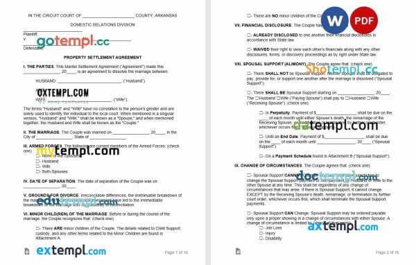 arkansas marital settlement agreement template, Word and PDF format
