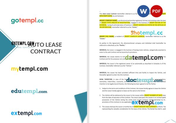 auto lease contract template, Word and PDF format