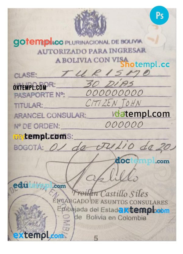BOLIVIA visa stamp PSD template, stamp version