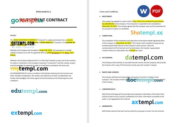 bank investment contract template, Word and PDF format