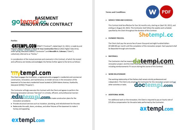 basement renovation contract template in Word and PDF format