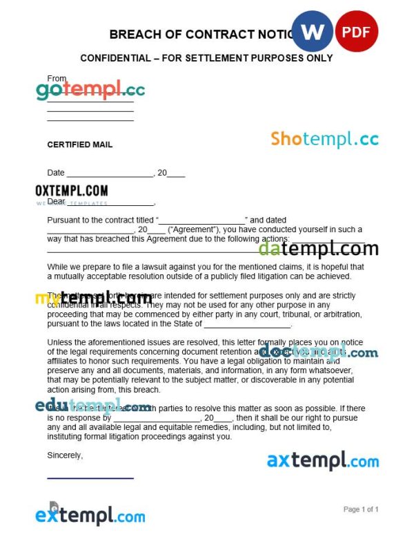 breach of contract demand letter template, Word and PDF format