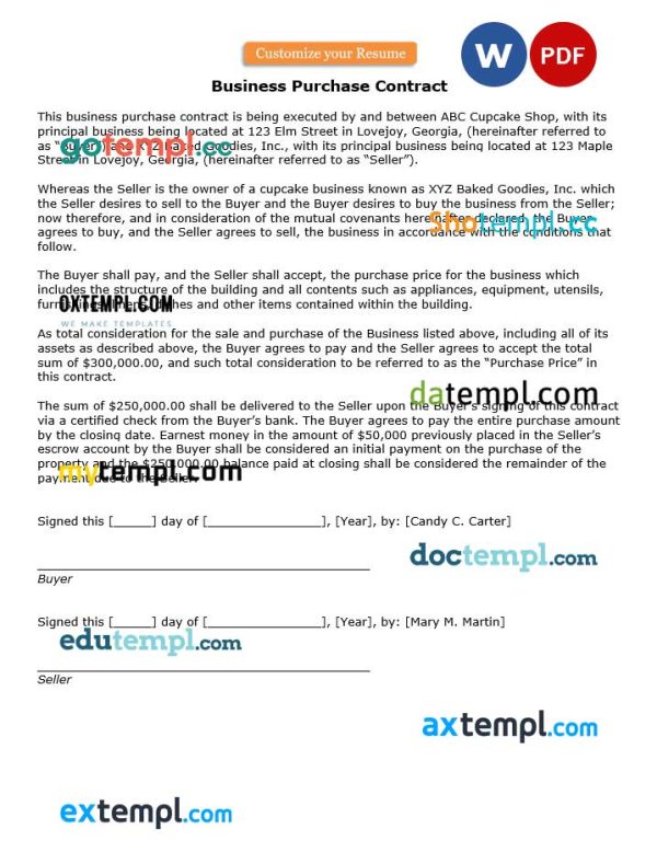 business purchase contract template, Word and PDF format