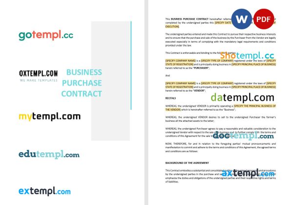 business purchase contract template in Word and PDF format