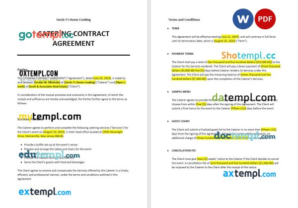 catering contract agreement template in Word and PDF format