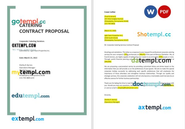 catering contract proposal template, Word and PDF format