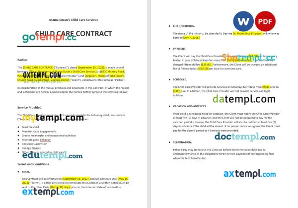 child care contract template, Word and PDF format