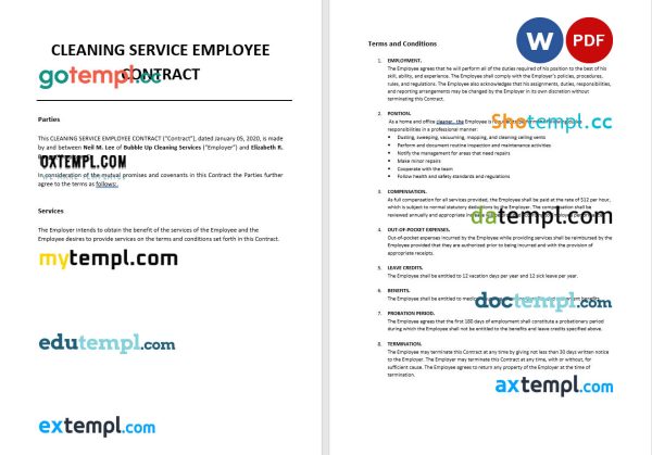 cleaning service employee contract template in Word and PDF format