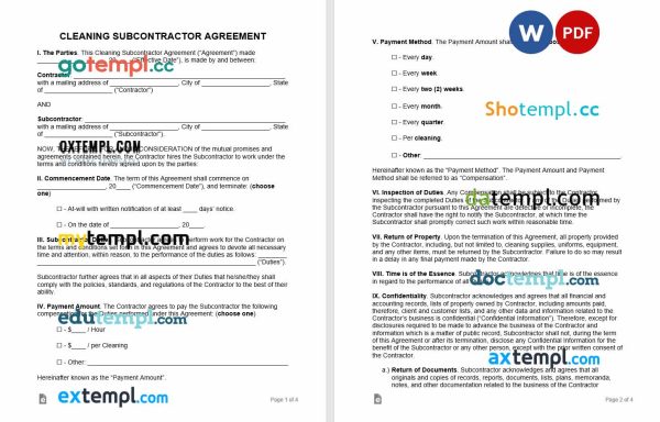 cleaning subcontractor agreement template in Word and PDF format