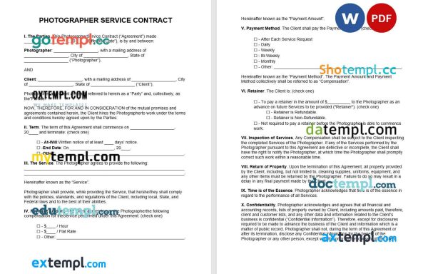 commercial photographer service contract template in Word and PDF format