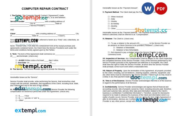 computer repair contract template in Word and PDF format
