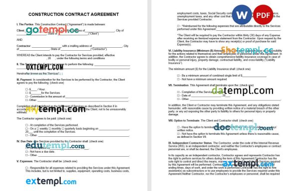 construction agreement template, Word and PDF format