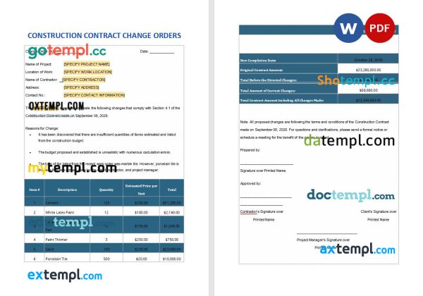 construction contract change orders template in Word and PDF format