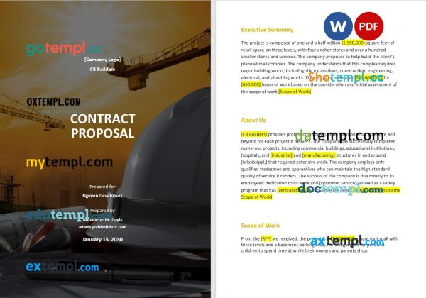 construction contract proposal template, Word and PDF format