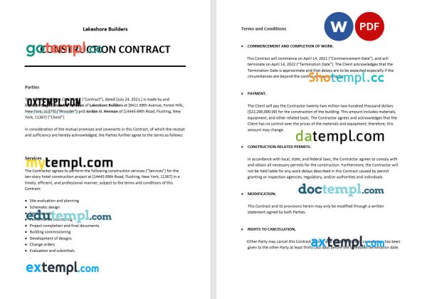 construction contract template, Word and PDF format