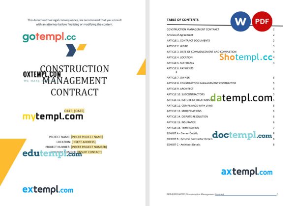 construction management contract template, Word and PDF format