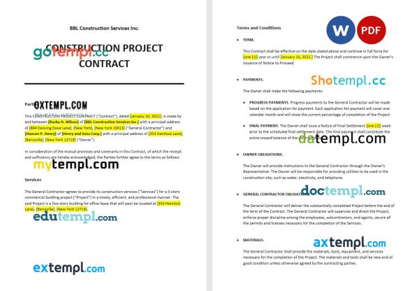construction project contract template, Word and PDF format