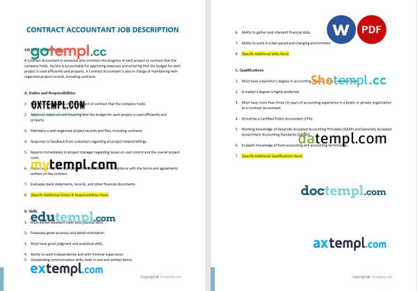 contract accountant job description template, Word and PDF format