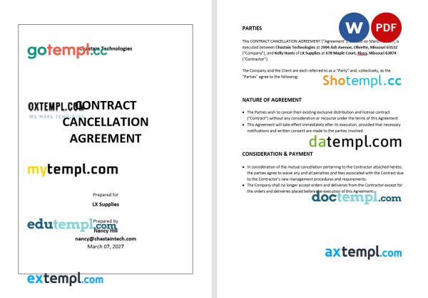 contract cancellation agreement template, Word and PDF format