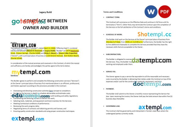 contract between owner and builder template, Word and PDF format