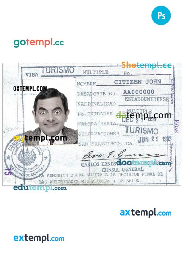EL SALVADOR travel visa PSD template, fully editable