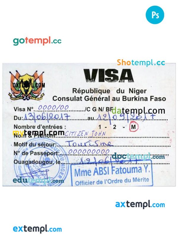 NIGER travel visa PSD template, with fonts
