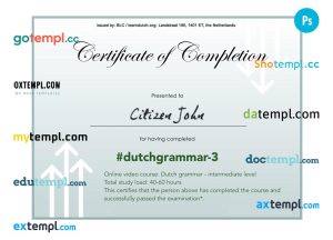 Netherlands language grammar certificate of completion PSD template, completely editable