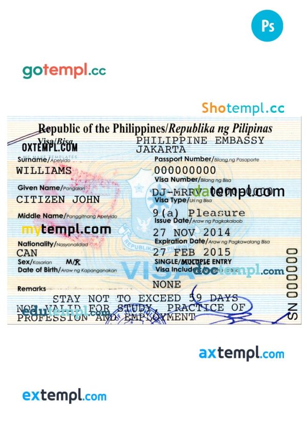 PHILIPPINES travel visa PSD template, with fonts