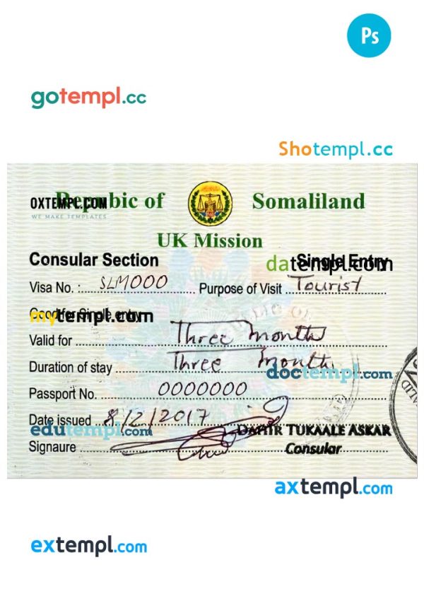 SOMALILAND travel visa PSD template, with fonts