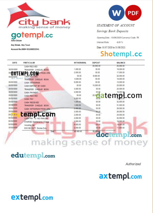 USA City Bank statement Word and PDF template